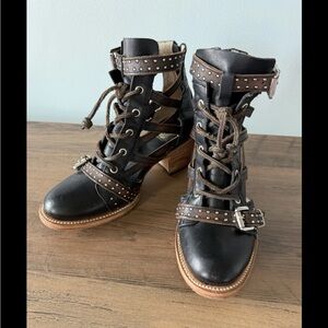 Freebird By Steven Cheyenne Leather Black Brown Buckle Heeled Booties Women’s 7